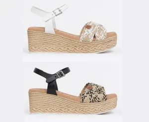 5219 Spanish leather crossed strappy sandals/wedge in Black and White