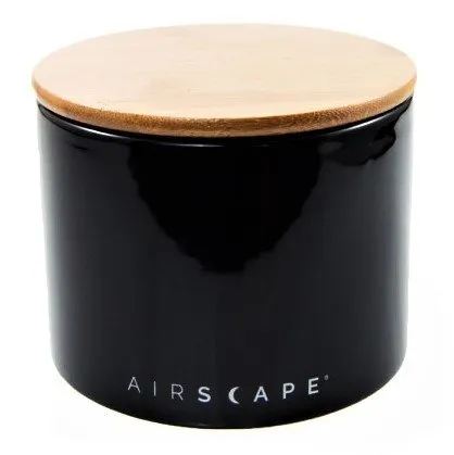 Airscape Ceramic Coffee and Food Storage Canister, 4" Small - Patented Airtight Inner Lid Releases CO2 and Preserves Food Freshness - Glazed Ceramic with Bamboo Top - Obsidian Black