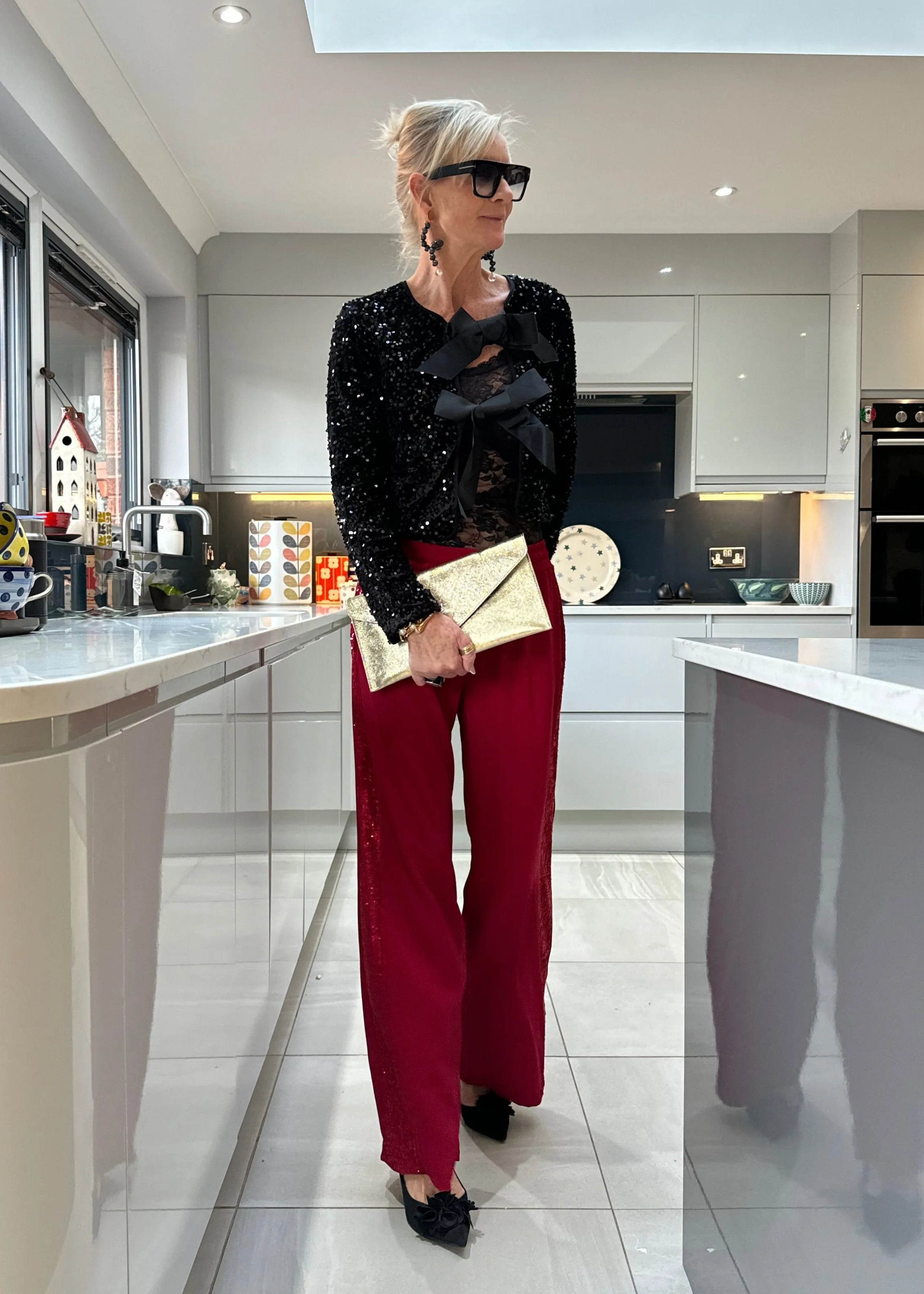 Berry Luxe Sequin Stripe Wide Leg Trousers