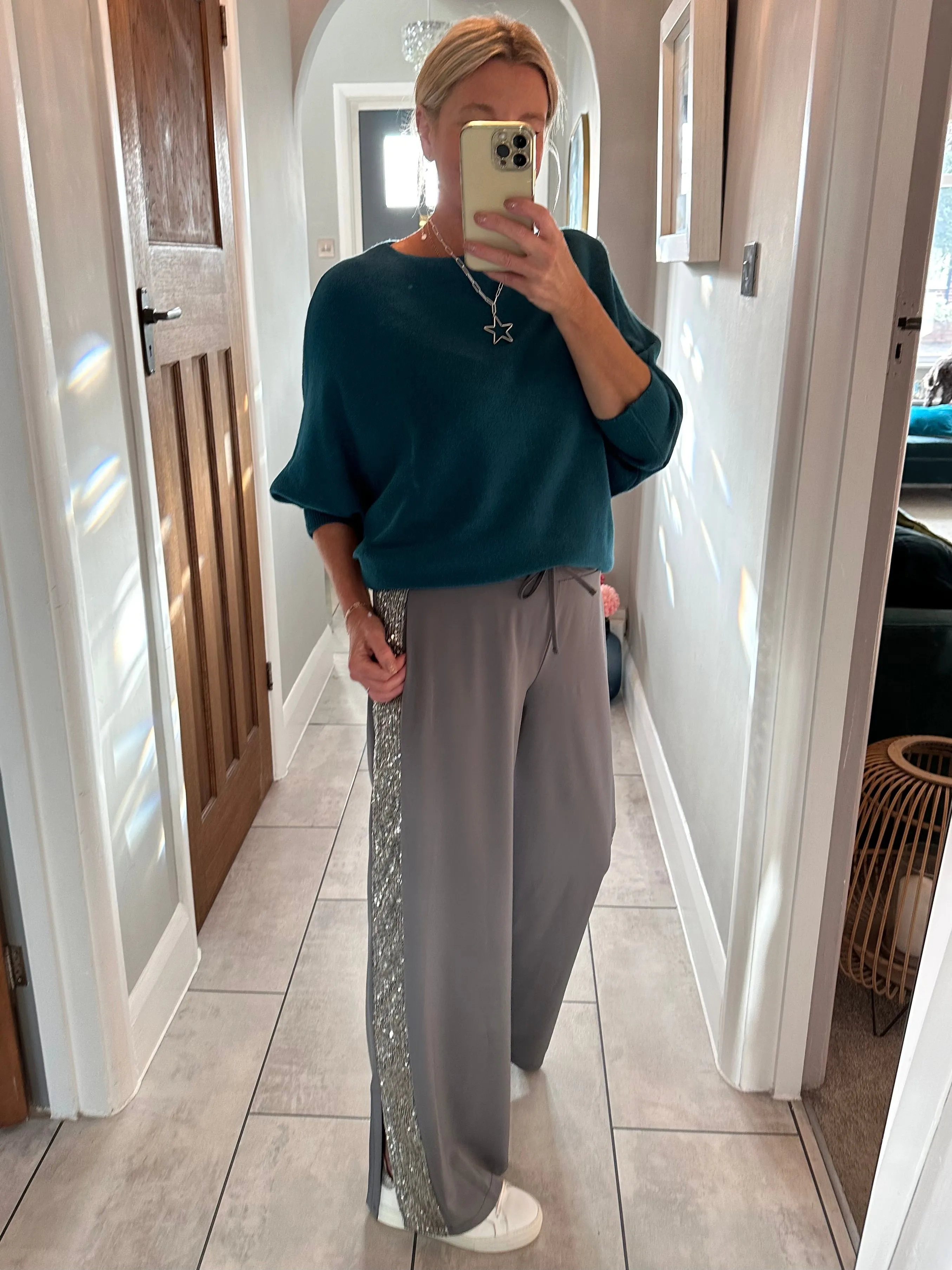 Berry Luxe Sequin Stripe Wide Leg Trousers