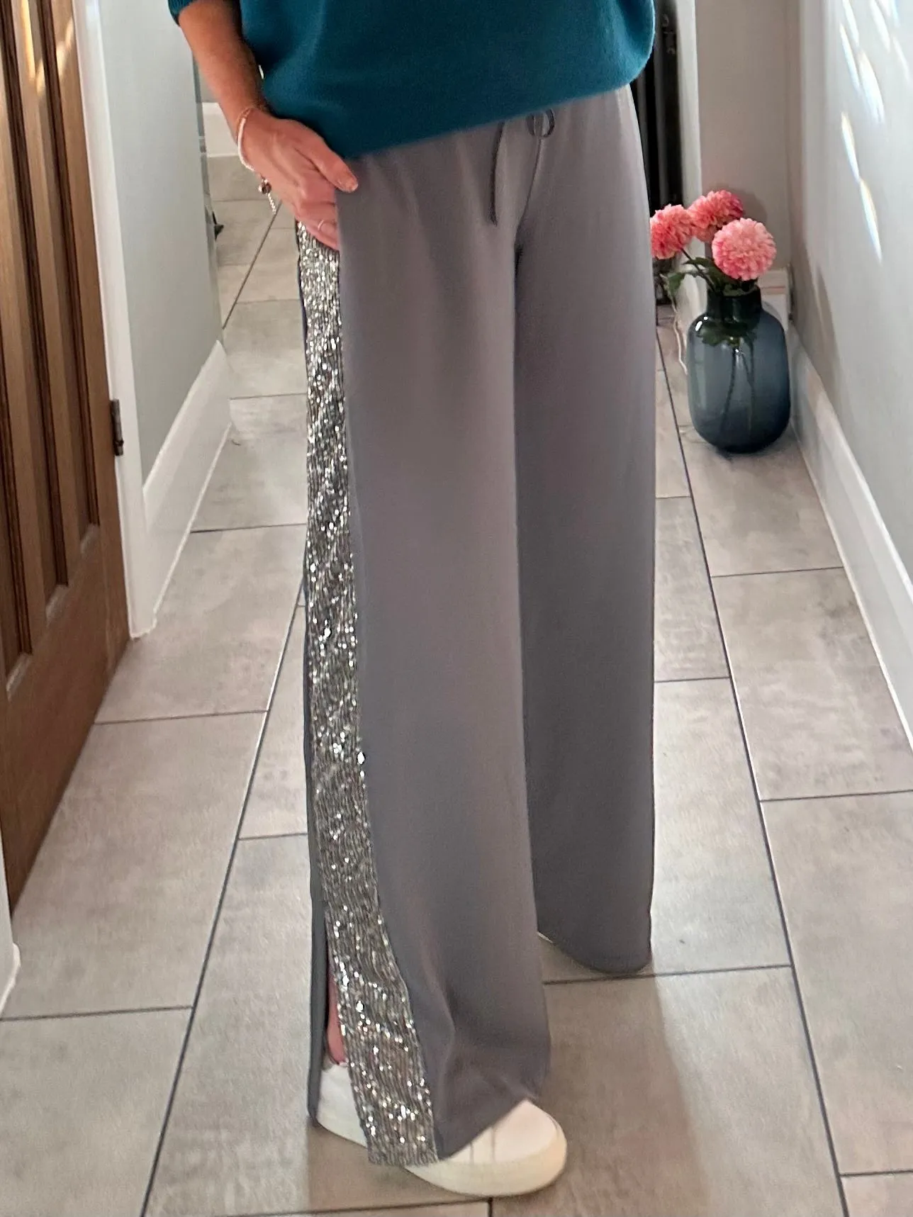 Berry Luxe Sequin Stripe Wide Leg Trousers