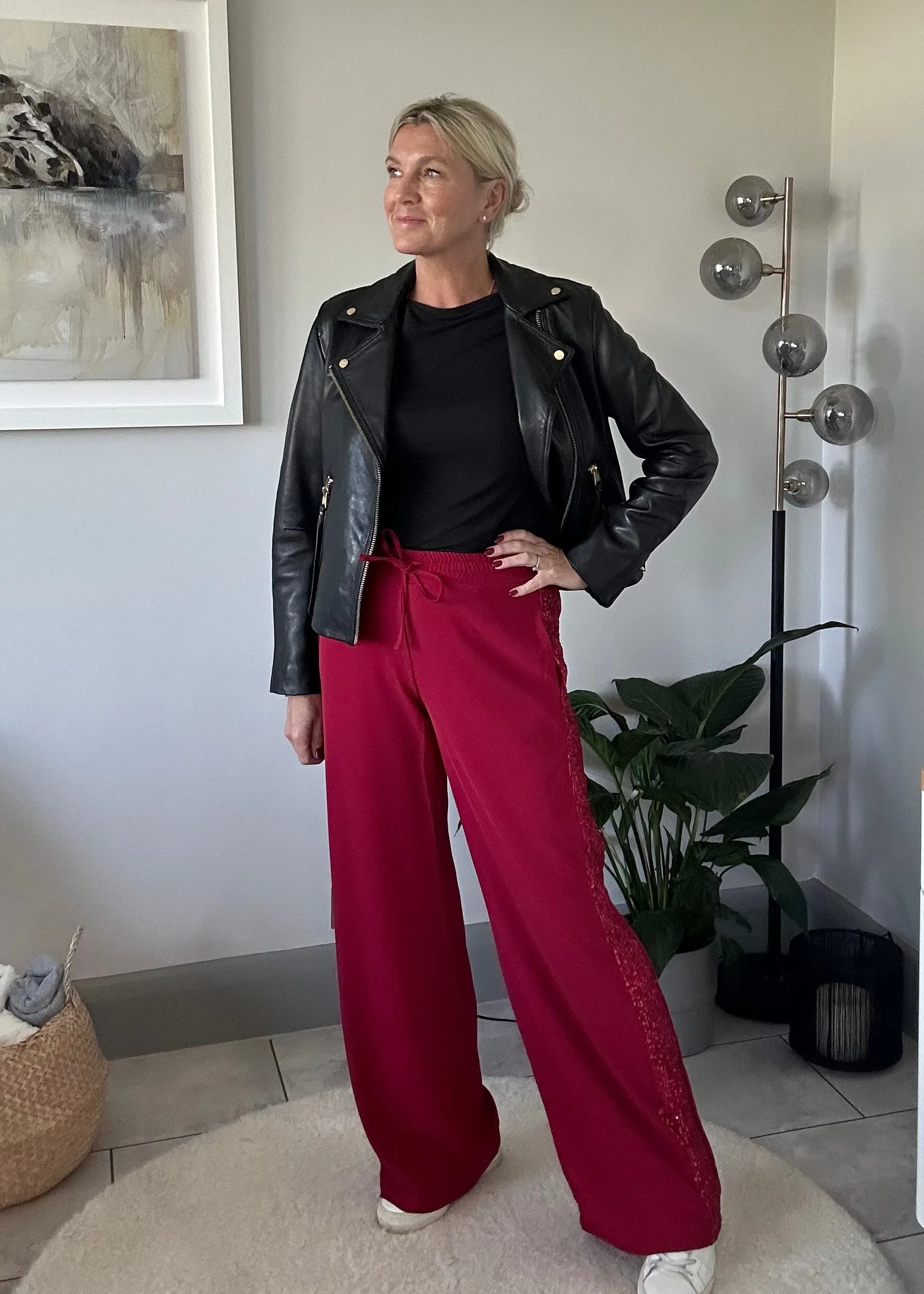 Berry Luxe Sequin Stripe Wide Leg Trousers
