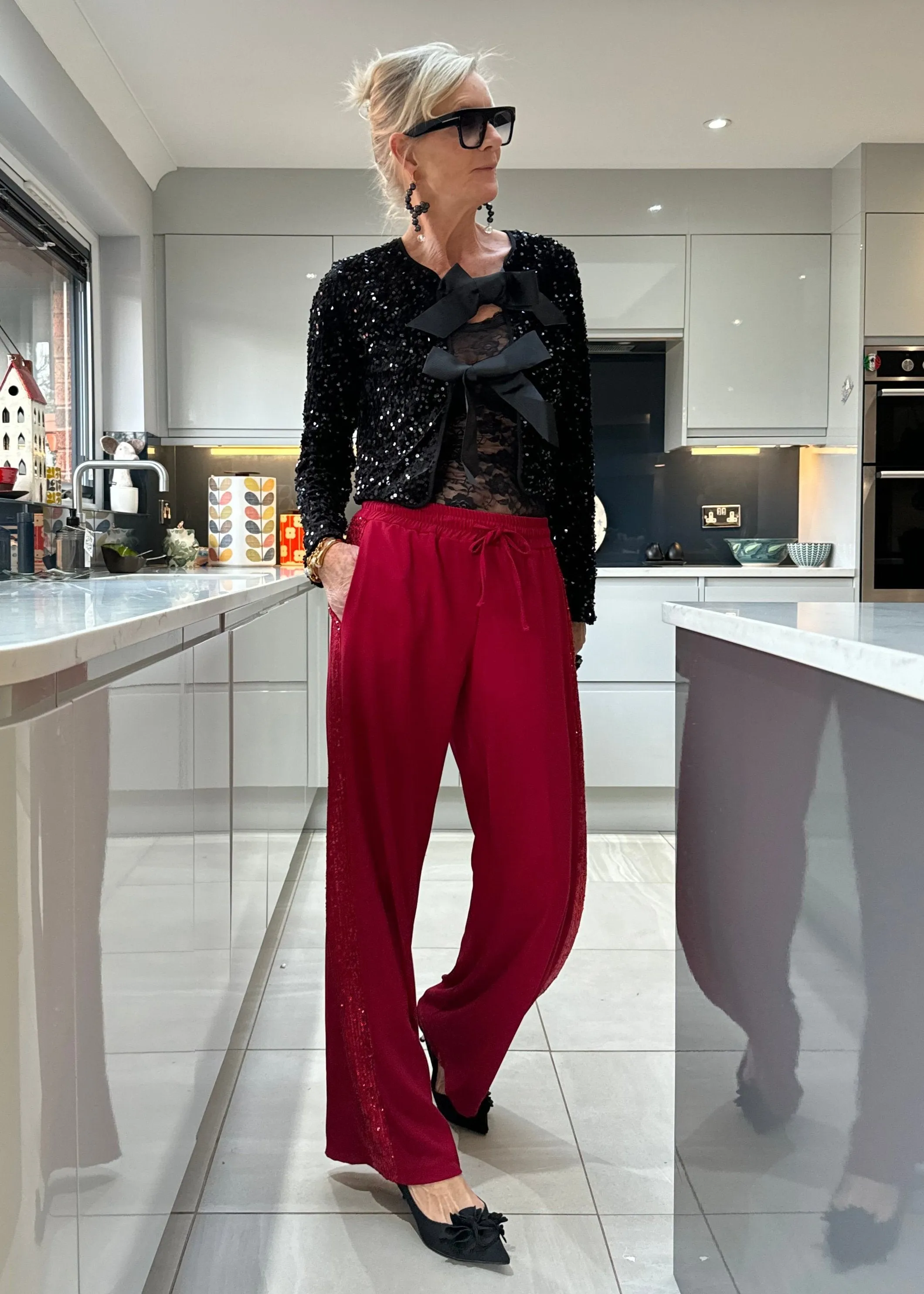 Berry Luxe Sequin Stripe Wide Leg Trousers