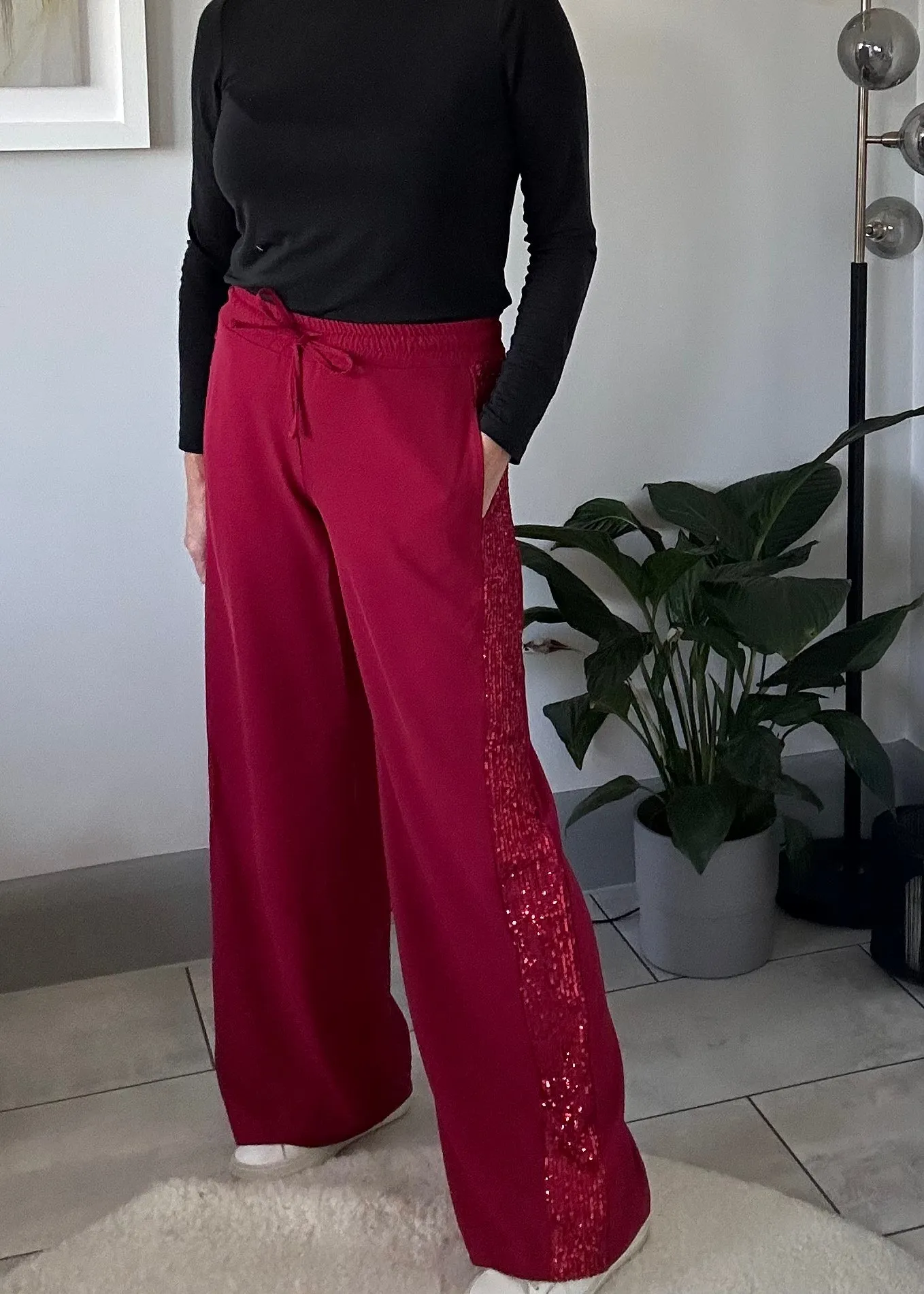 Berry Luxe Sequin Stripe Wide Leg Trousers