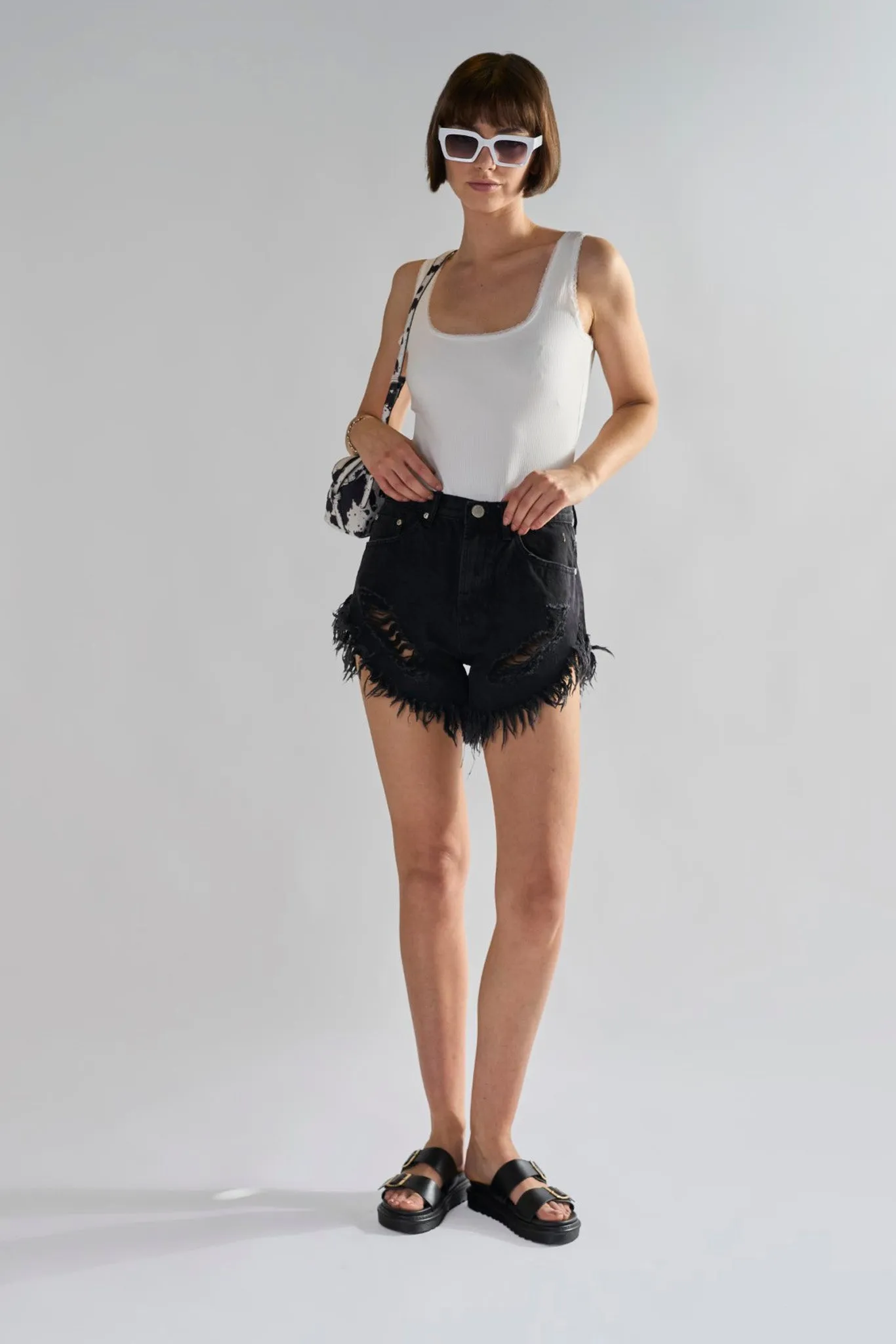 Black High-Waisted Distressed Denim-Shorts