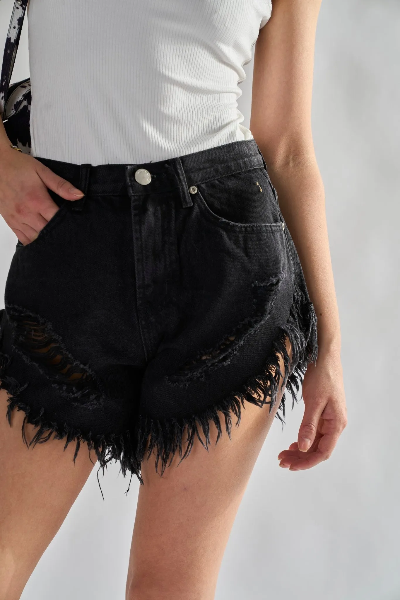 Black High-Waisted Distressed Denim-Shorts