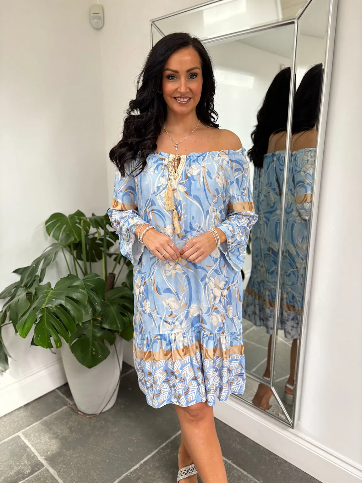 Blue Flower Bardot Dress Della
