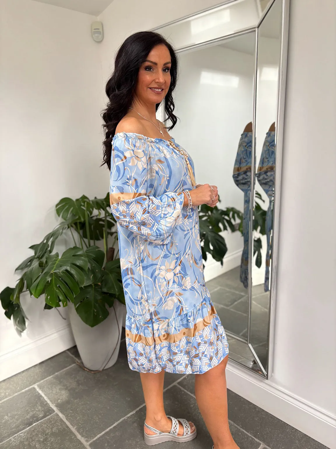 Blue Flower Bardot Dress Della