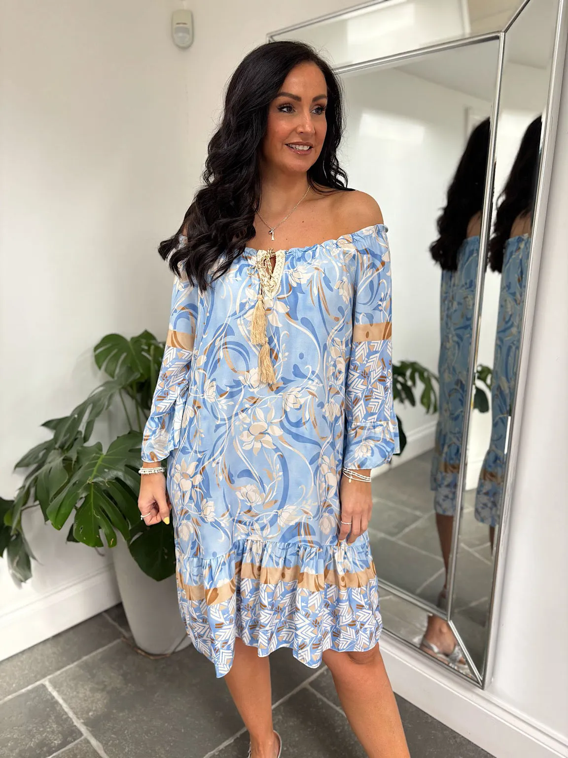 Blue Flower Bardot Dress Della
