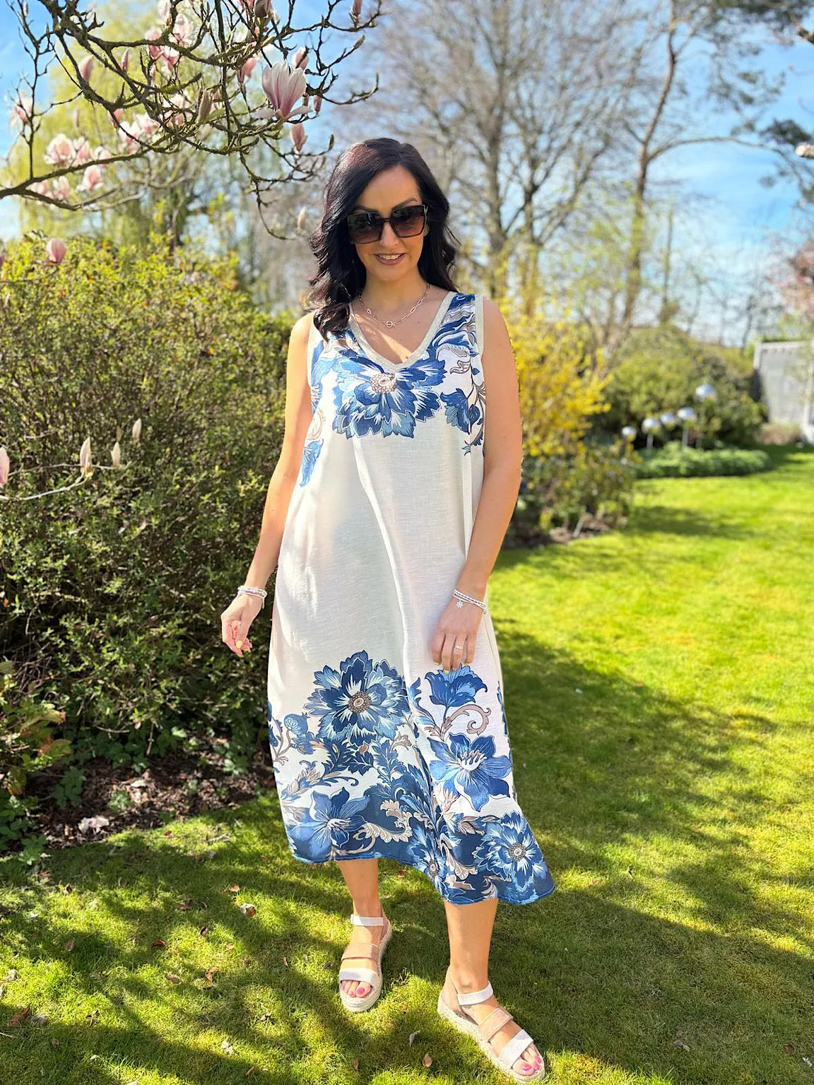 Blue Gold Trim Sleeveless Floral Dress Immy