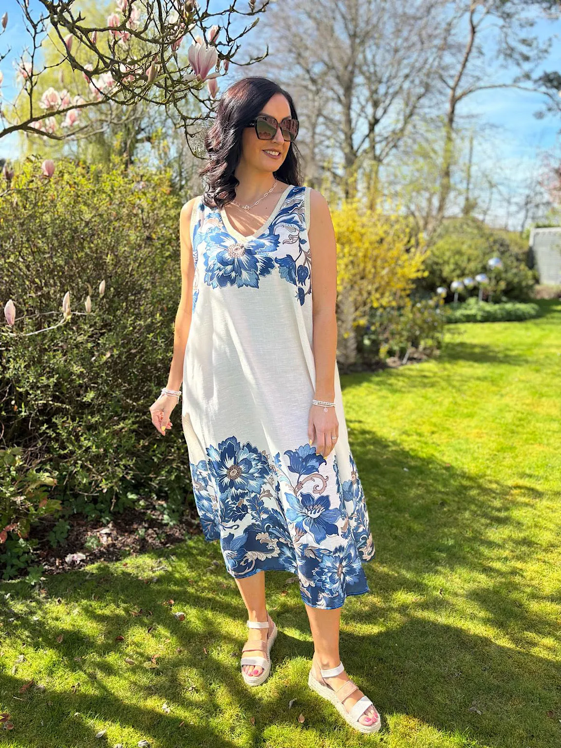 Blue Gold Trim Sleeveless Floral Dress Immy