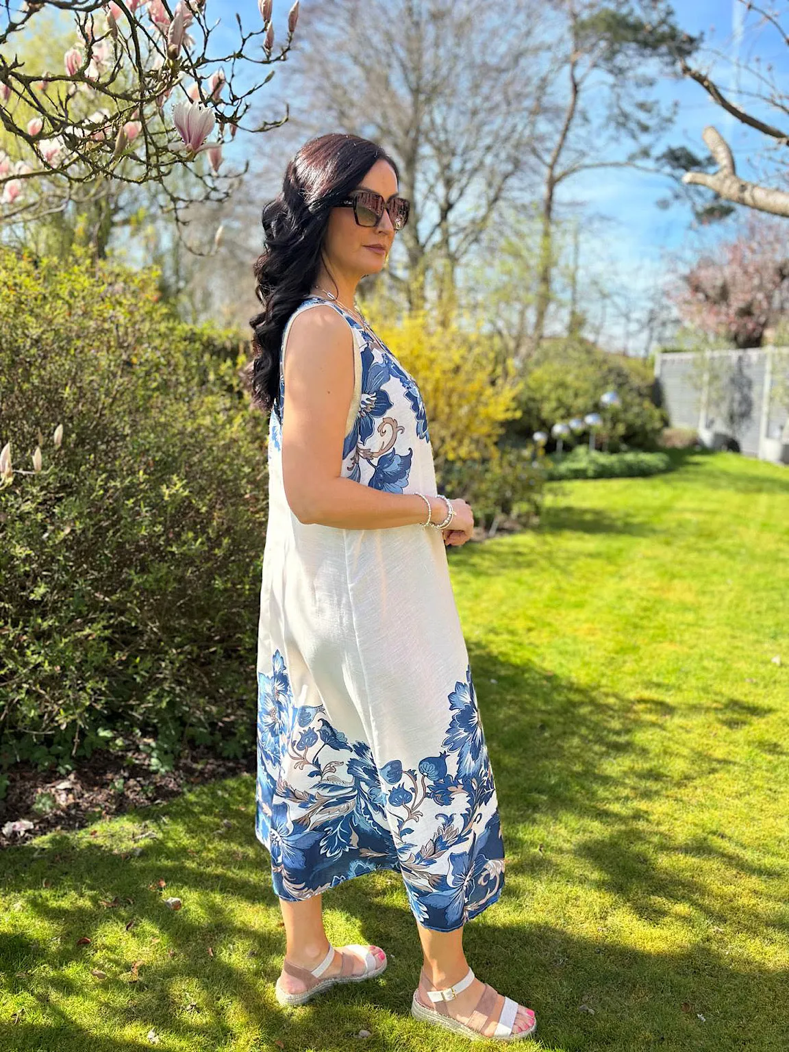 Blue Gold Trim Sleeveless Floral Dress Immy