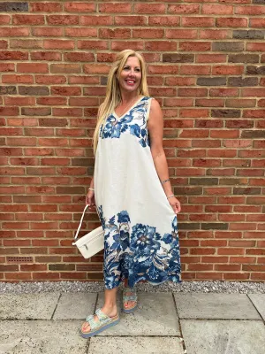 Blue Gold Trim Sleeveless Floral Dress Immy