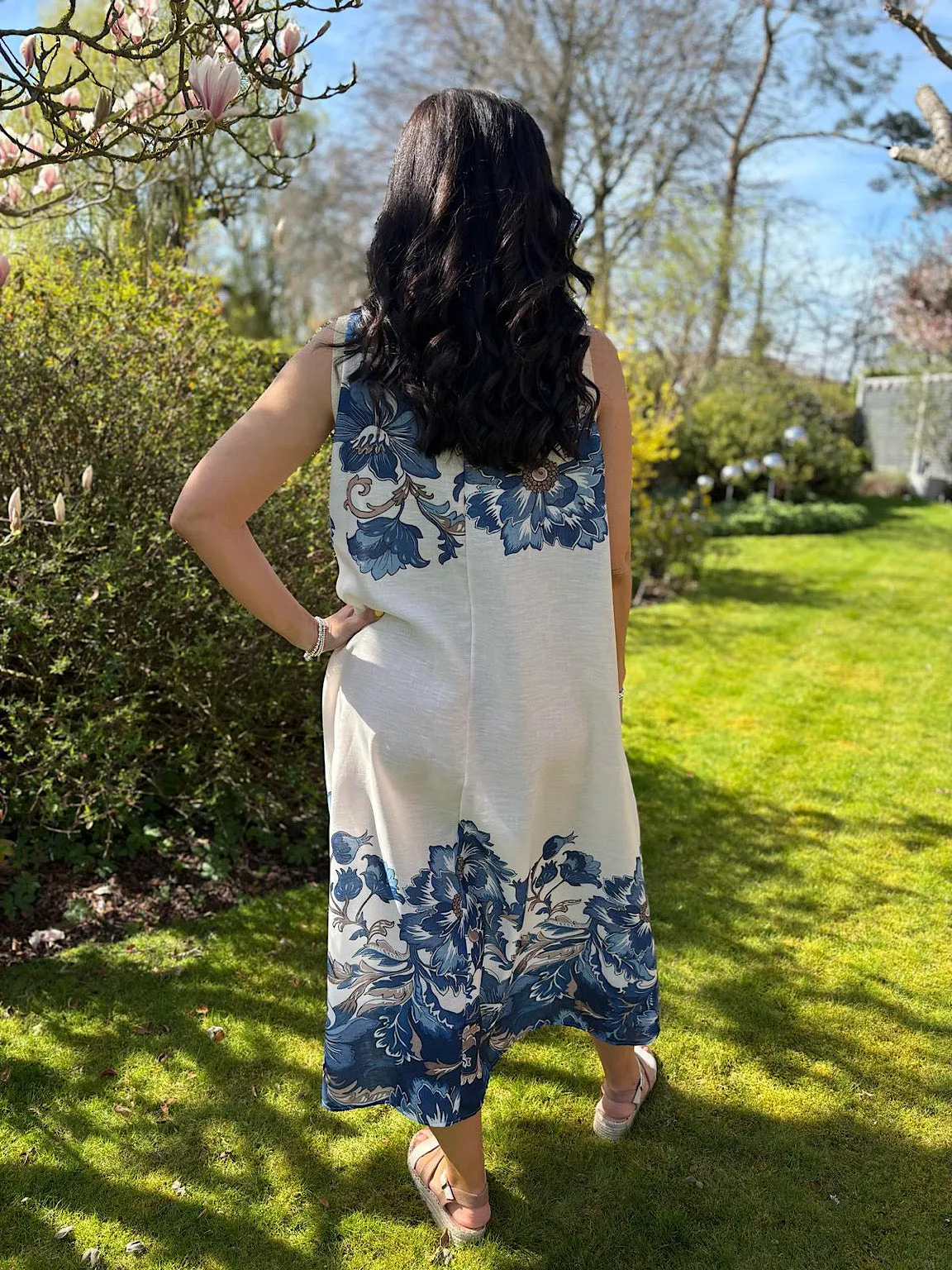 Blue Gold Trim Sleeveless Floral Dress Immy