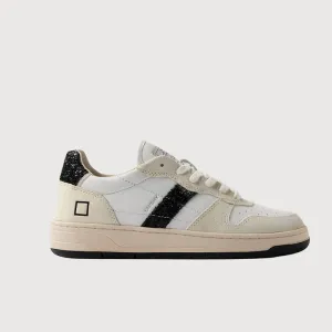DATE Court Shiny White Glitter Black Trainers