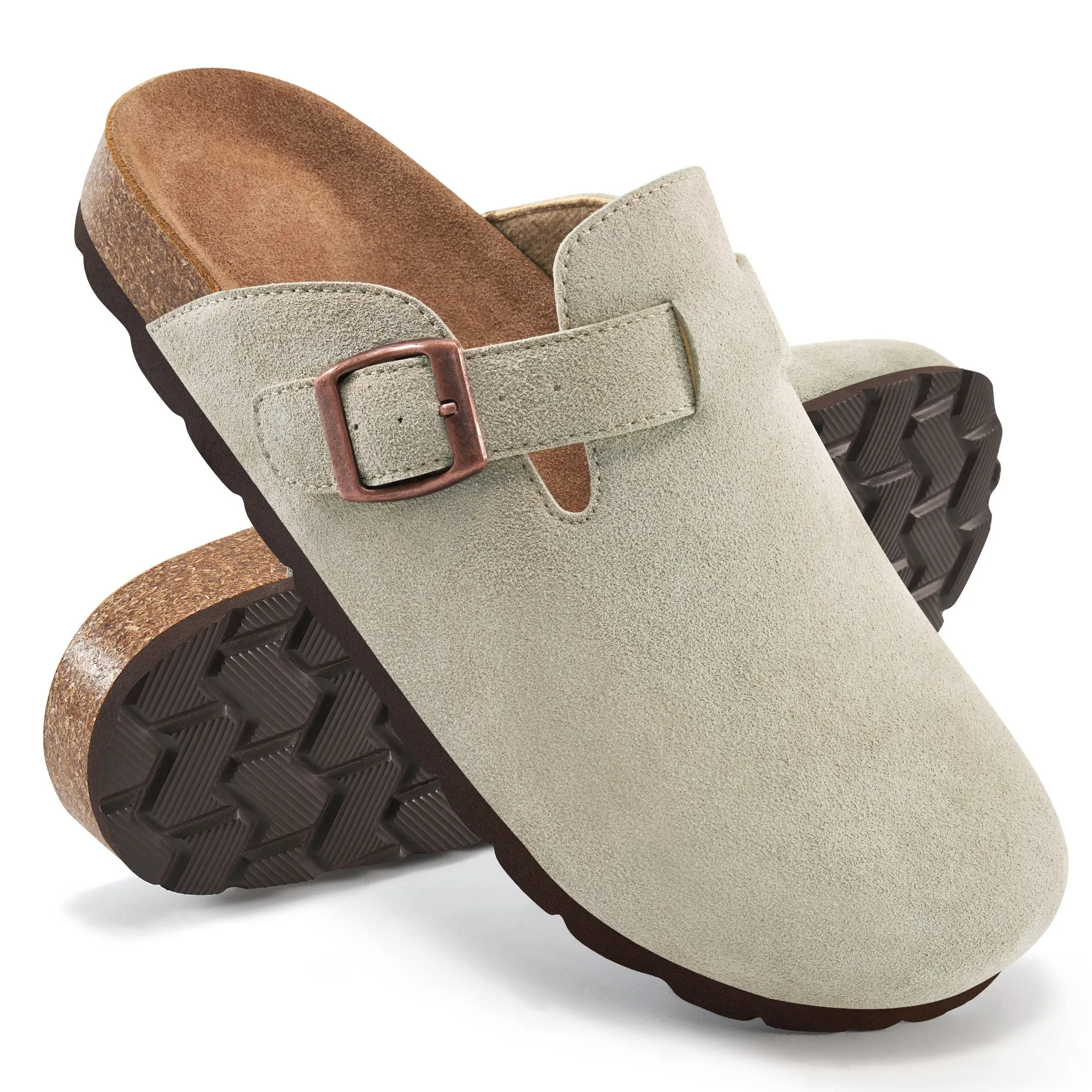 Ecetana Women's Suede Clogs & Mules Cork Footbed Slip On Leather Mules with Arch Support