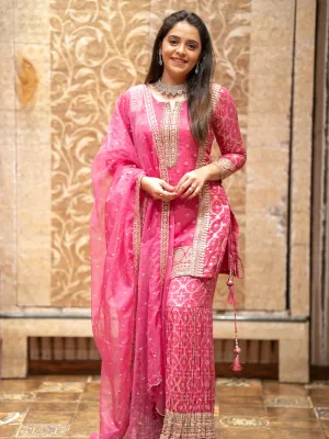 Elegant Brocade and Organza Gharara Set in Pink
