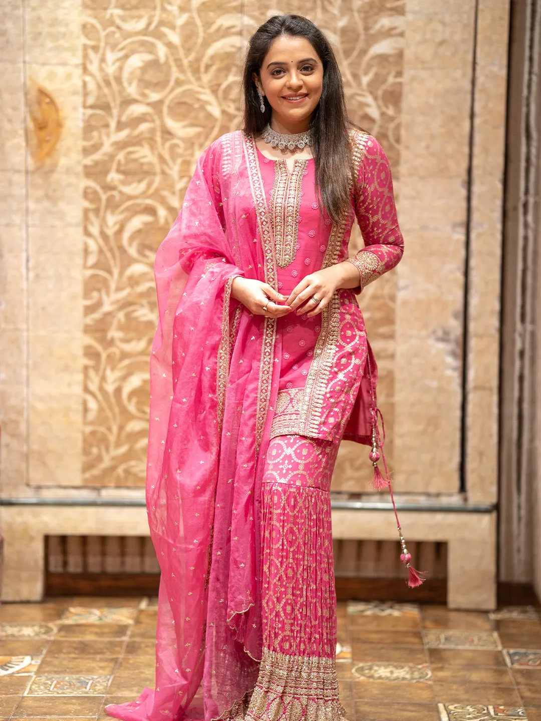 Elegant Brocade and Organza Gharara Set in Pink