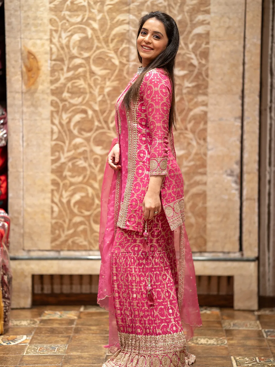 Elegant Brocade and Organza Gharara Set in Pink