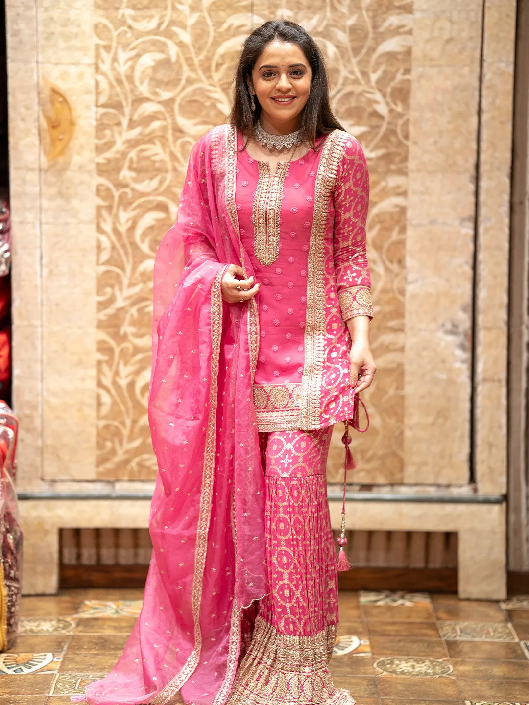 Elegant Brocade and Organza Gharara Set in Pink