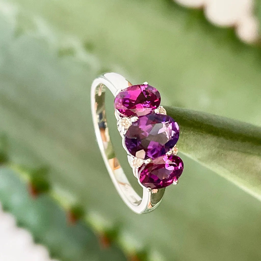 Elegant Trilogy Amethyst and Rhodolite and Diamond Ring