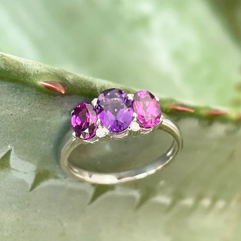 Elegant Trilogy Amethyst and Rhodolite and Diamond Ring