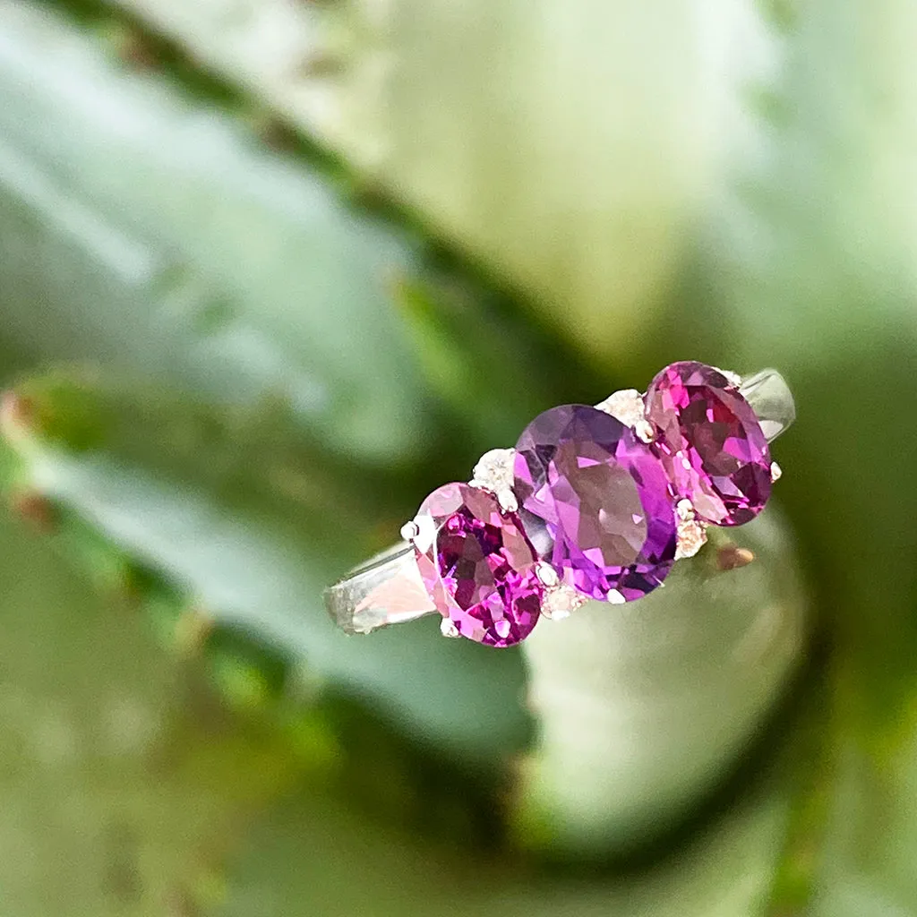Elegant Trilogy Amethyst and Rhodolite and Diamond Ring
