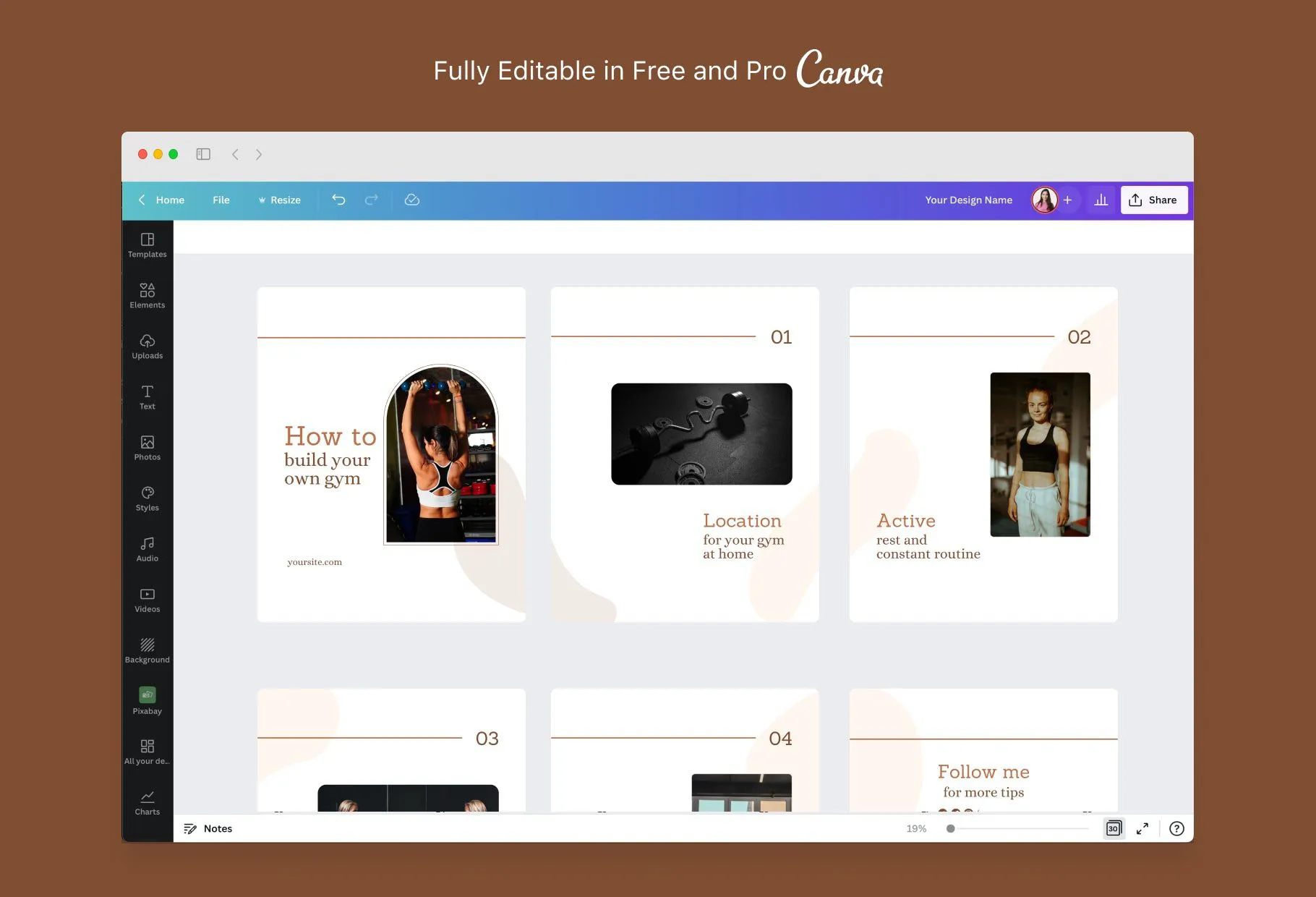 Emilia Fitness 6-Page Carousel Canva Template