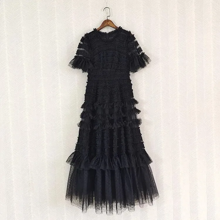 Faye Lace Tiered Dress Elegant Solid Slim Dress