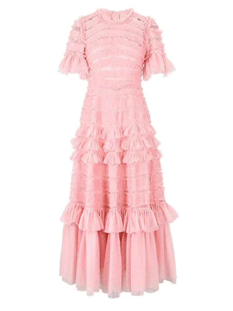 Faye Lace Tiered Dress Elegant Solid Slim Dress