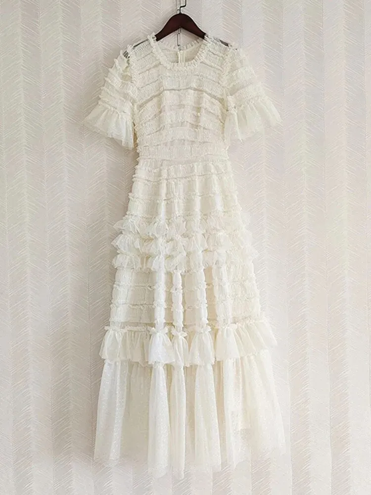 Faye Lace Tiered Dress Elegant Solid Slim Dress
