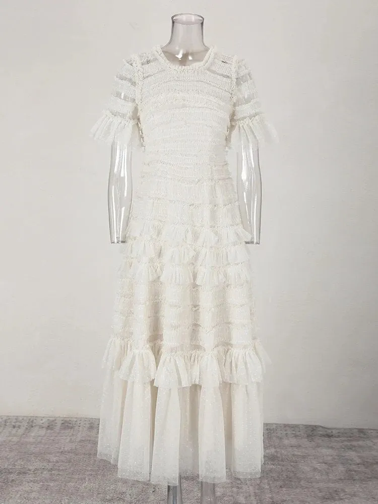 Faye Lace Tiered Dress Elegant Solid Slim Dress
