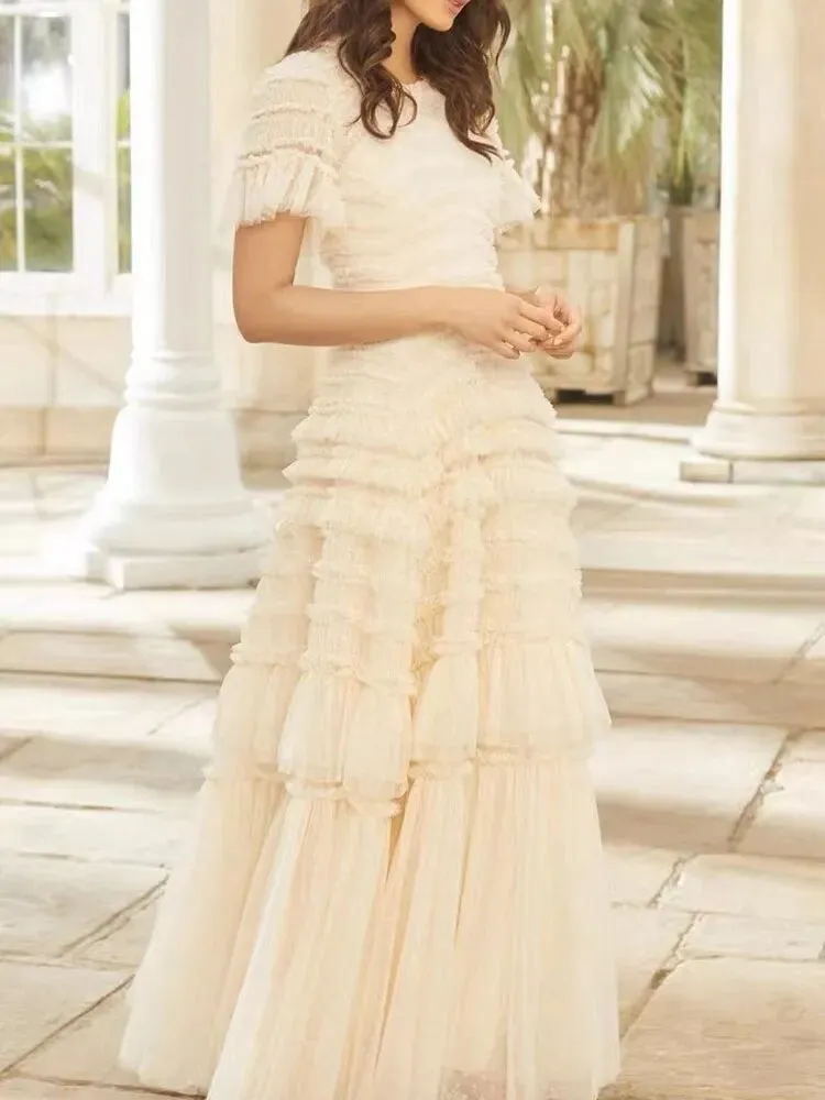 Faye Lace Tiered Dress Elegant Solid Slim Dress