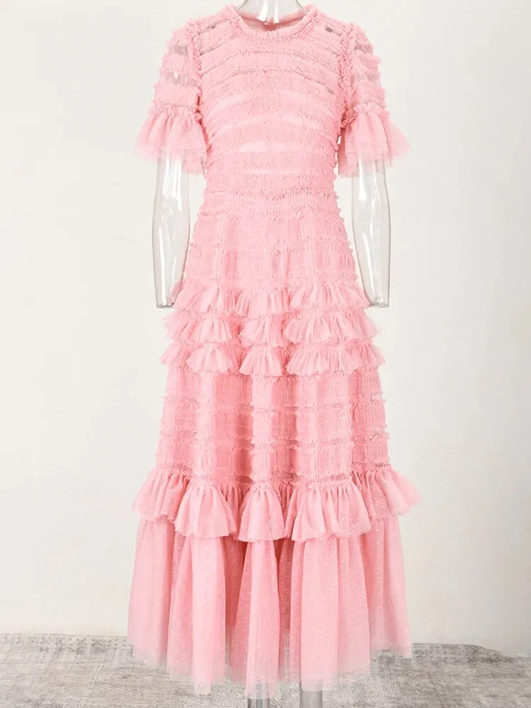 Faye Lace Tiered Dress Elegant Solid Slim Dress