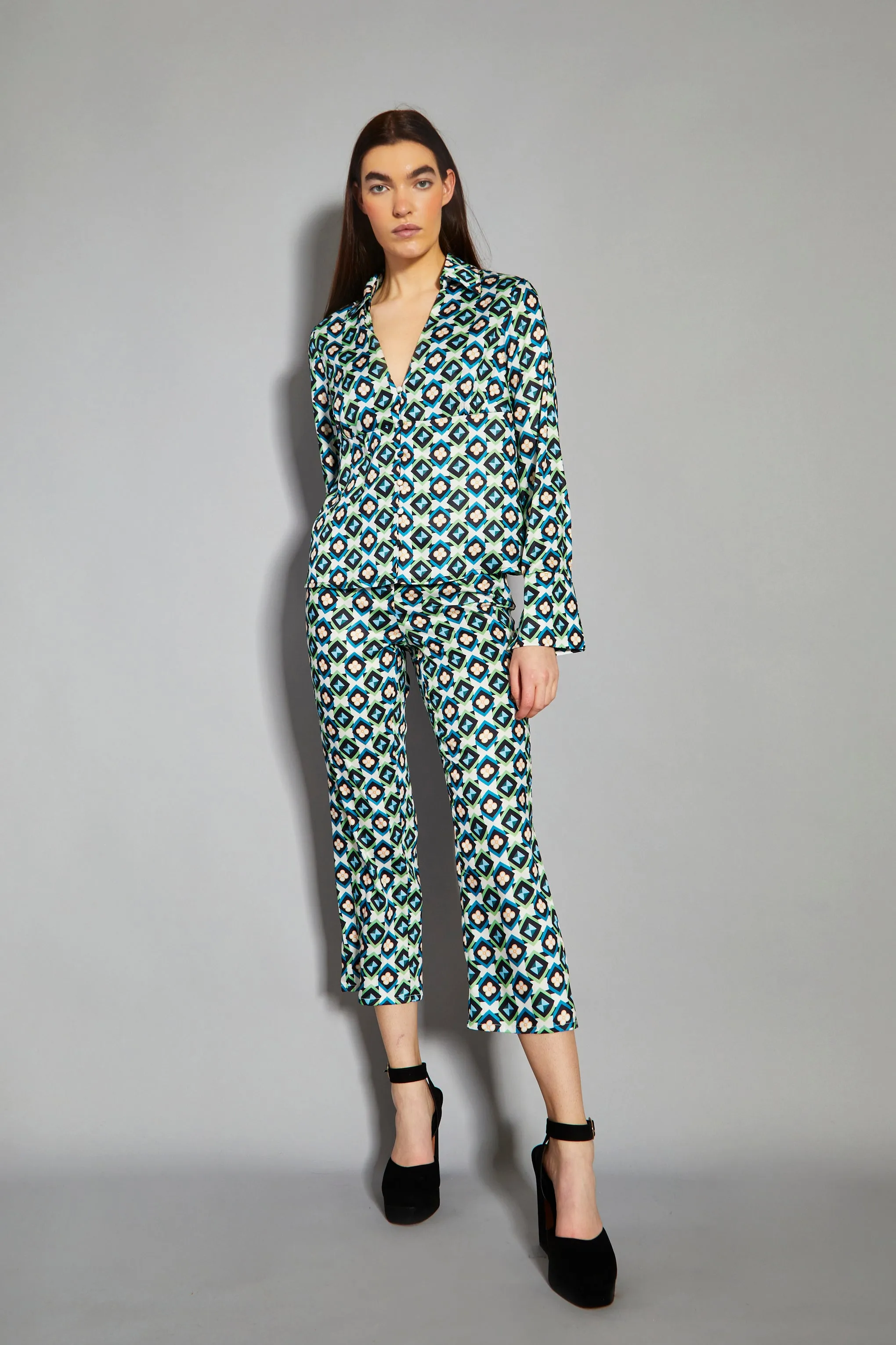 Glamorous Cream Multi Geo Flower Print V-Neck Button Front Shirt