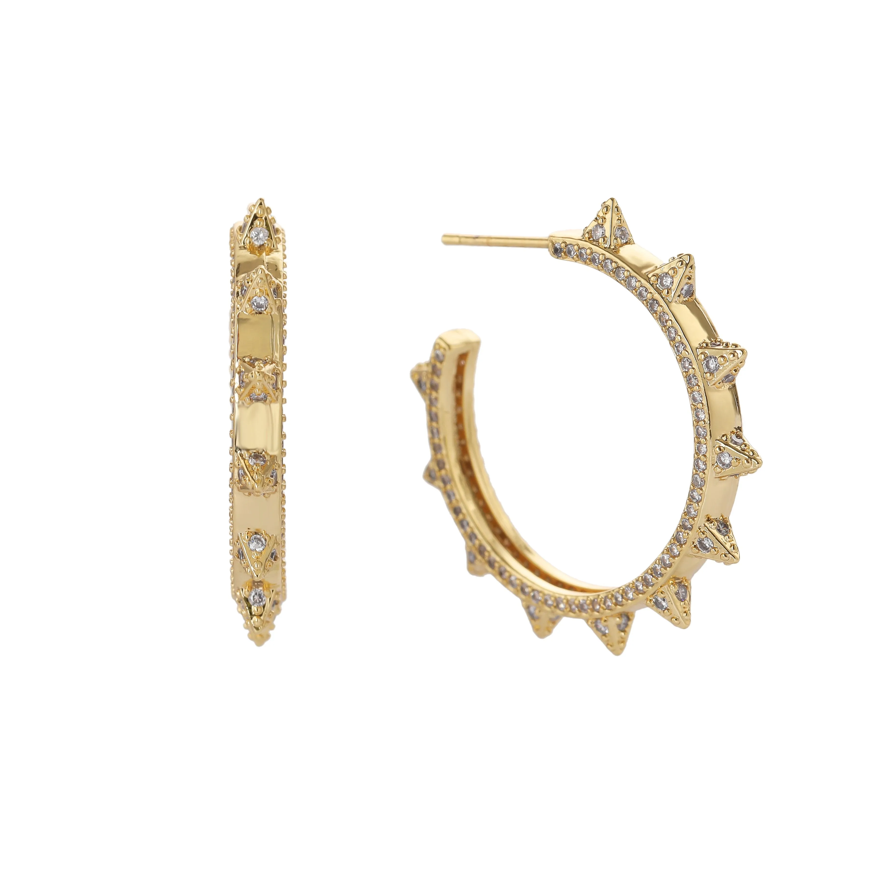 Gold Plated Trendy Micro Pave Spiked Hoop Earring