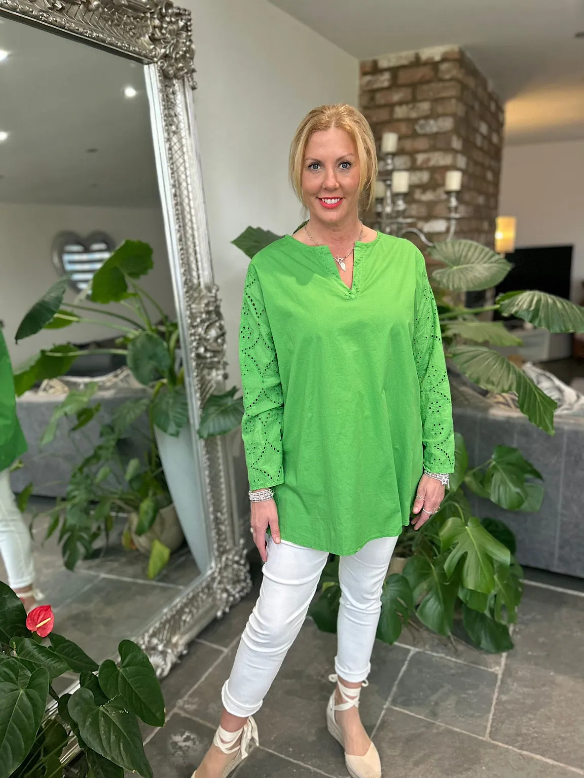 Green Broderie Sleeve Detail Blouse Freida