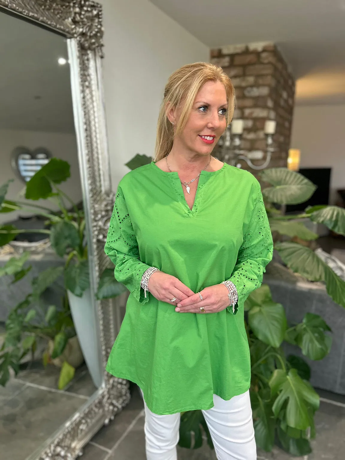 Green Broderie Sleeve Detail Blouse Freida