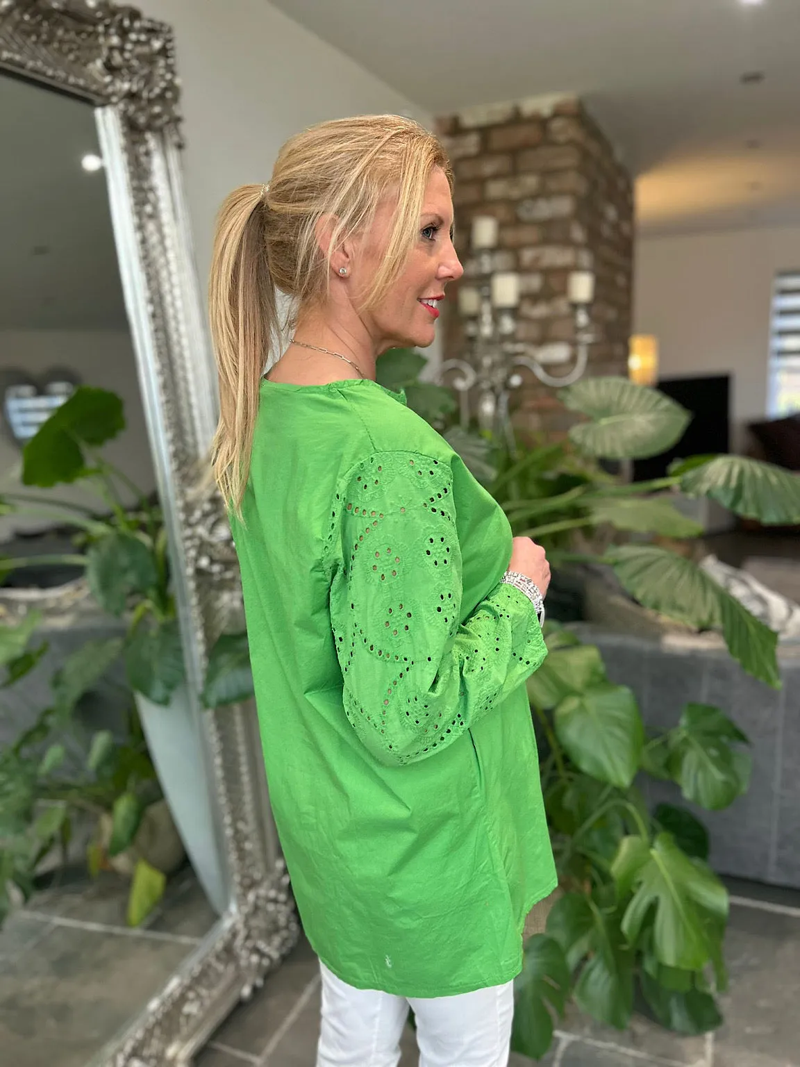 Green Broderie Sleeve Detail Blouse Freida