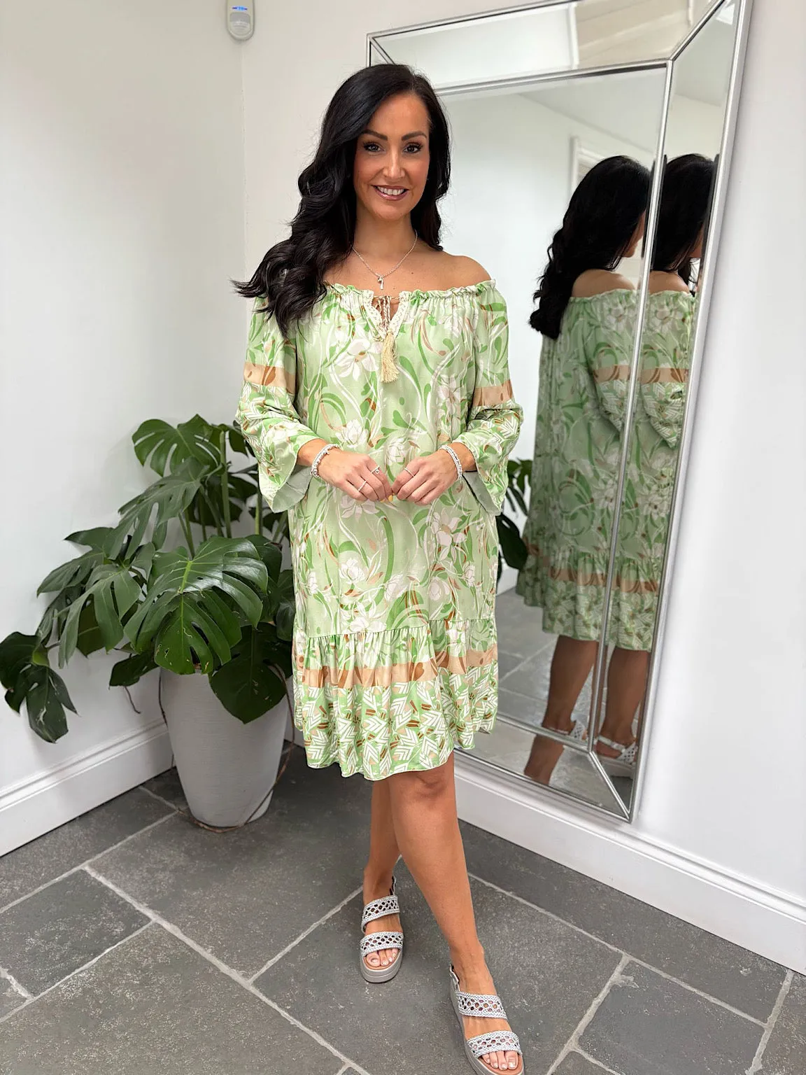 Green Flower Bardot Dress Della