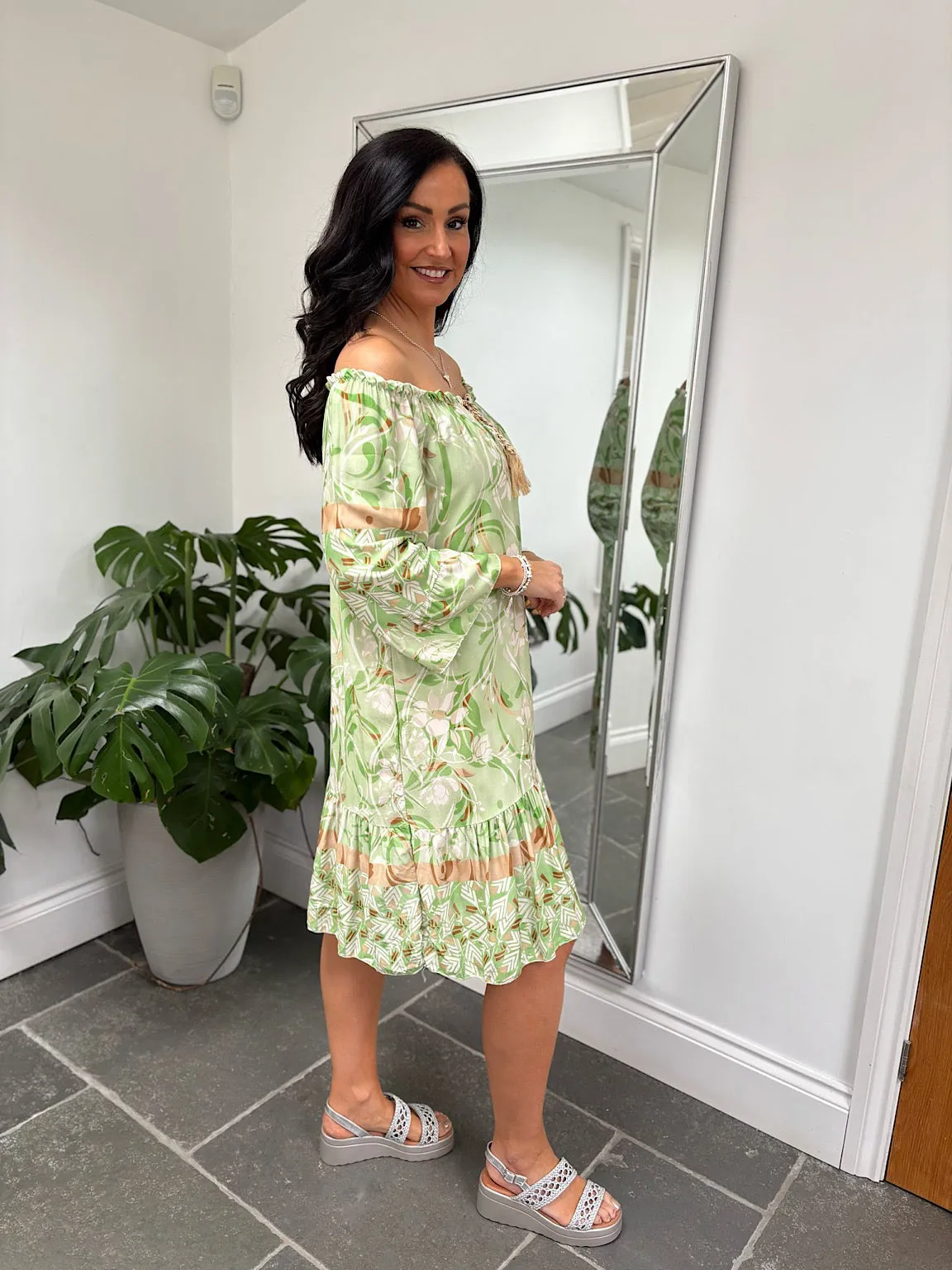 Green Flower Bardot Dress Della