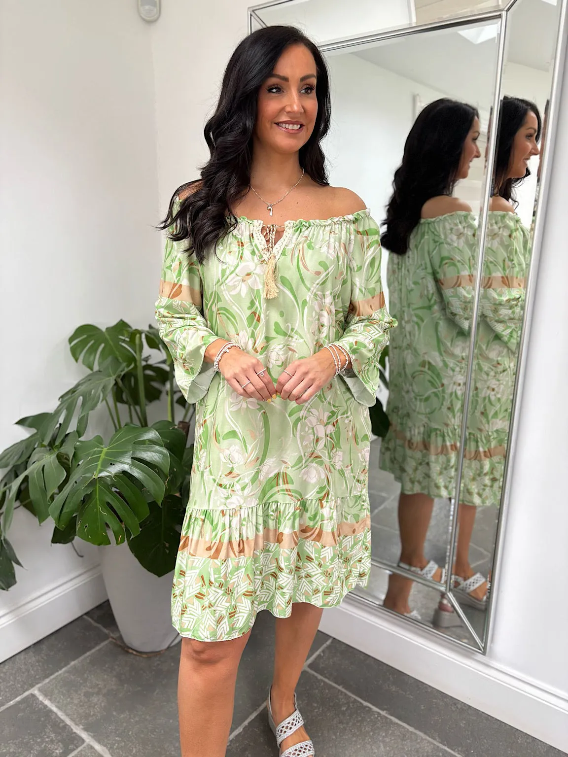 Green Flower Bardot Dress Della