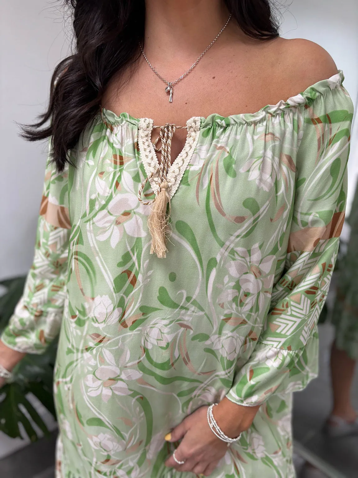 Green Flower Bardot Dress Della
