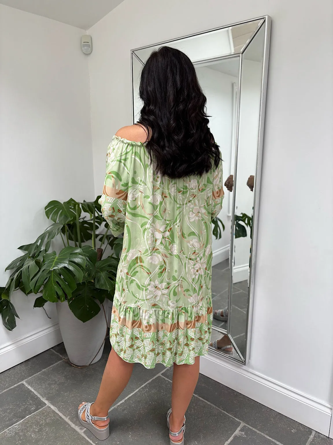 Green Flower Bardot Dress Della
