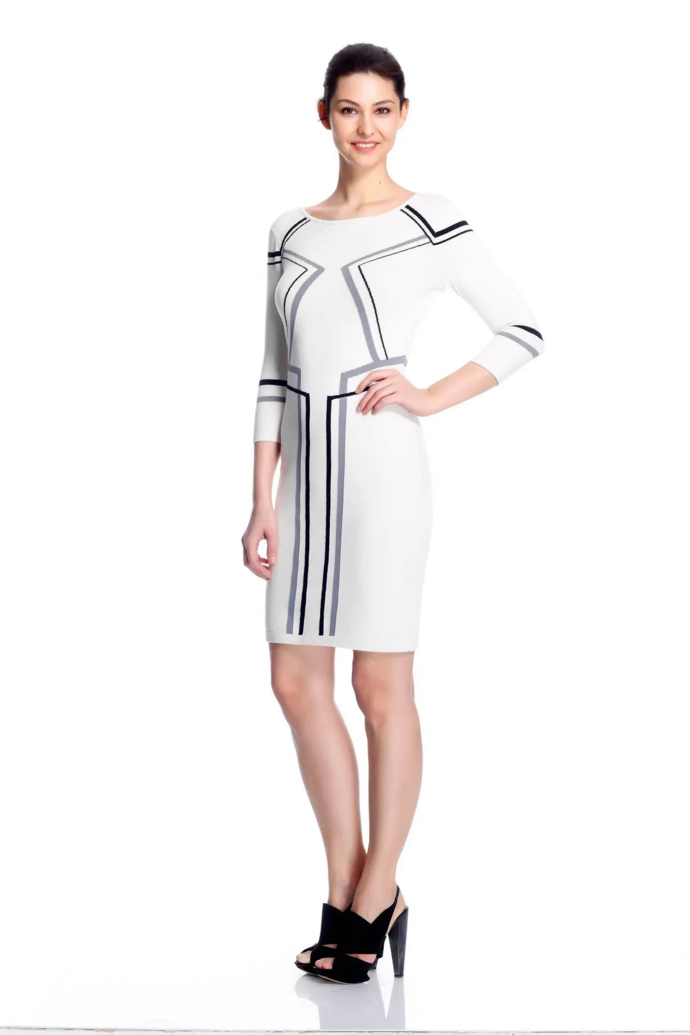 Kaleen Elegant White Knit-Dress with Line Detail