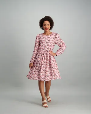Ladies Long Sleeve Bunched Floral Print Baby Doll Dress - Blush