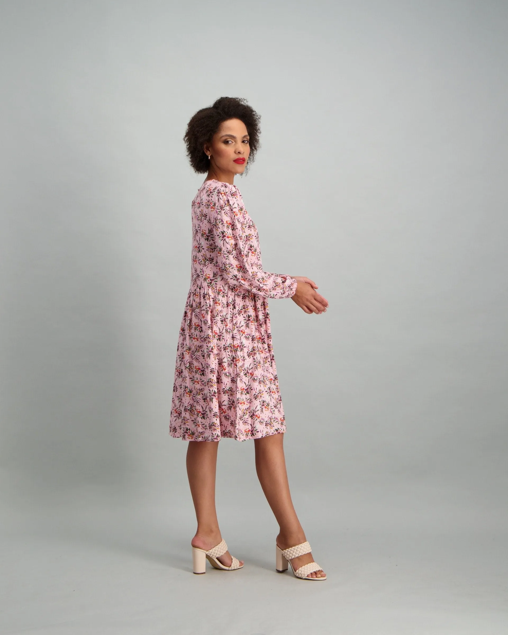 Ladies Long Sleeve Bunched Floral Print Baby Doll Dress - Blush