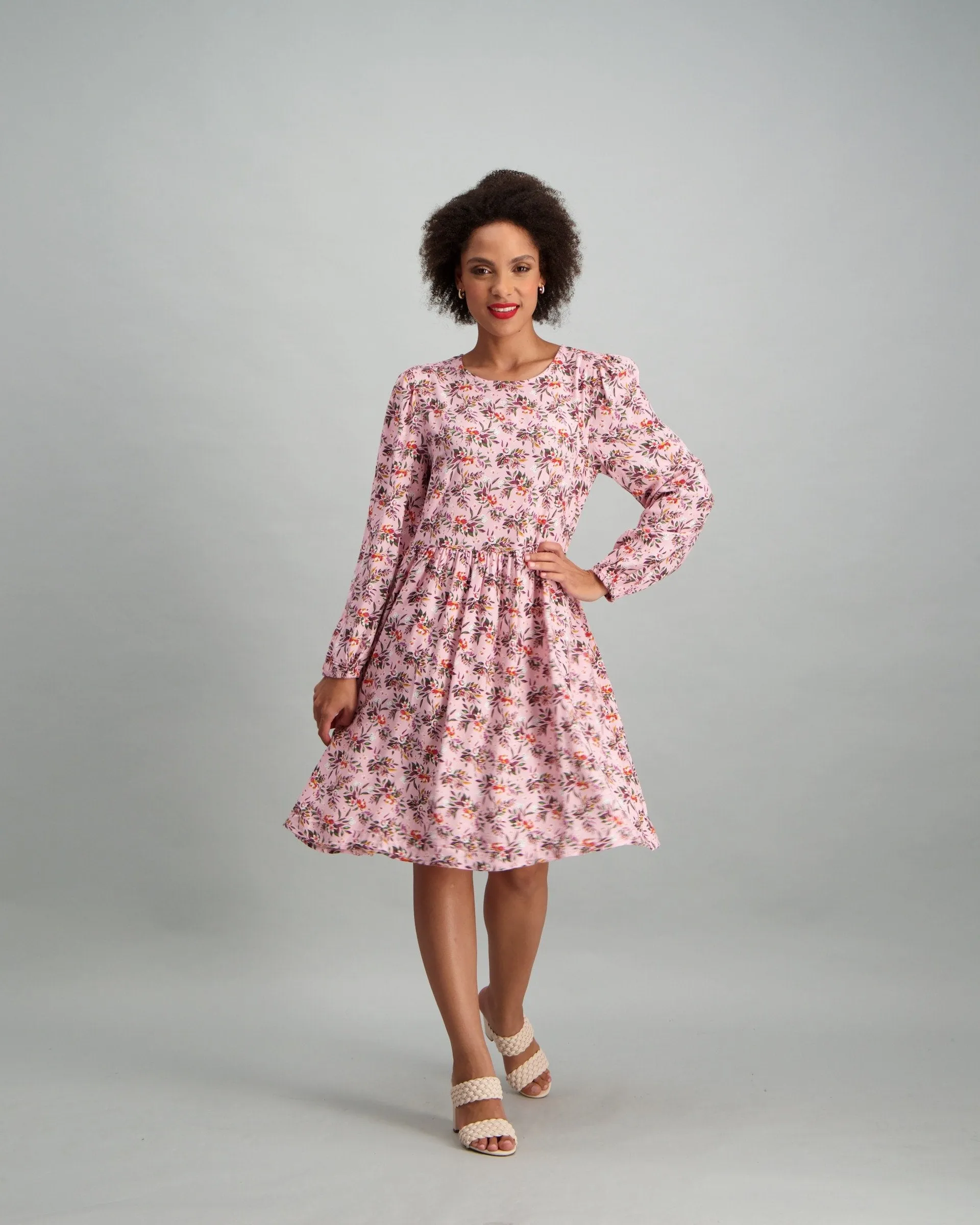 Ladies Long Sleeve Bunched Floral Print Baby Doll Dress - Blush