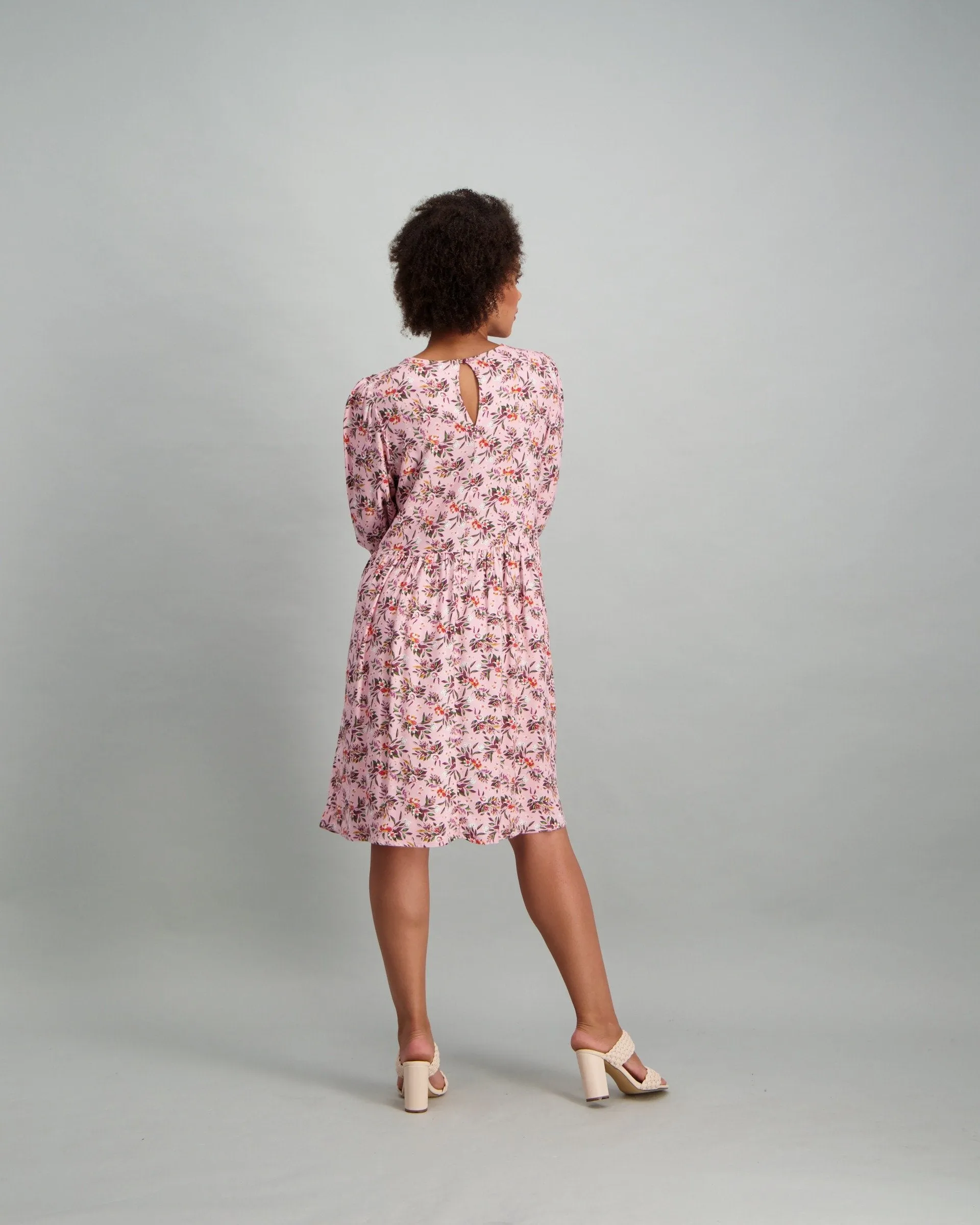 Ladies Long Sleeve Bunched Floral Print Baby Doll Dress - Blush