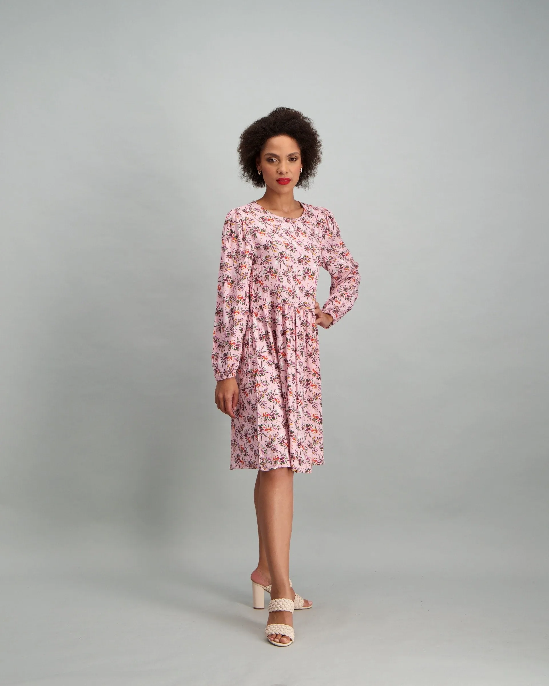 Ladies Long Sleeve Bunched Floral Print Baby Doll Dress - Blush